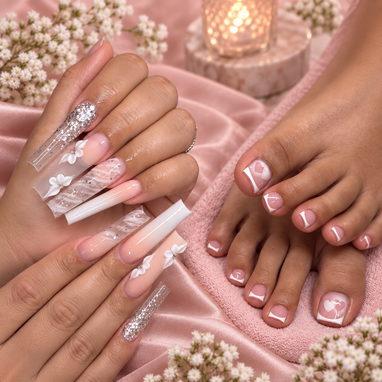 Pink and white acrylic nail set and coordinated acrylic toe services by Alexxys of Lexxury Nail Lounge