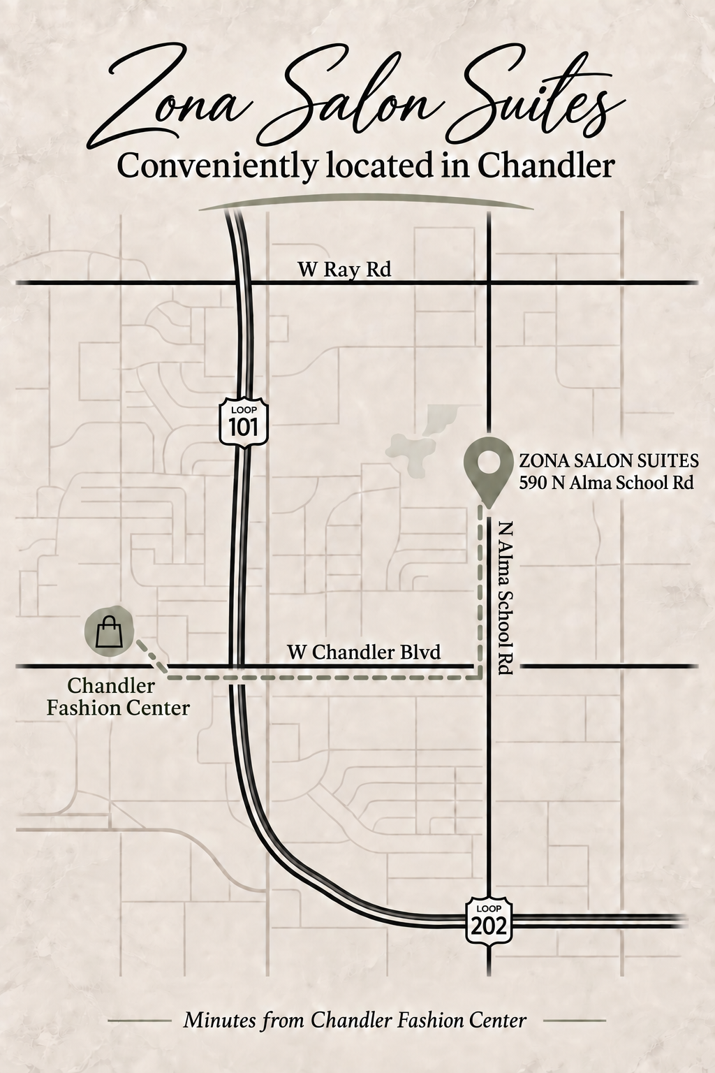 Map showing Zona Salon Suites at 590 North Alma School Road near Chandler Fashion Center, Loop 101, and Loop 202