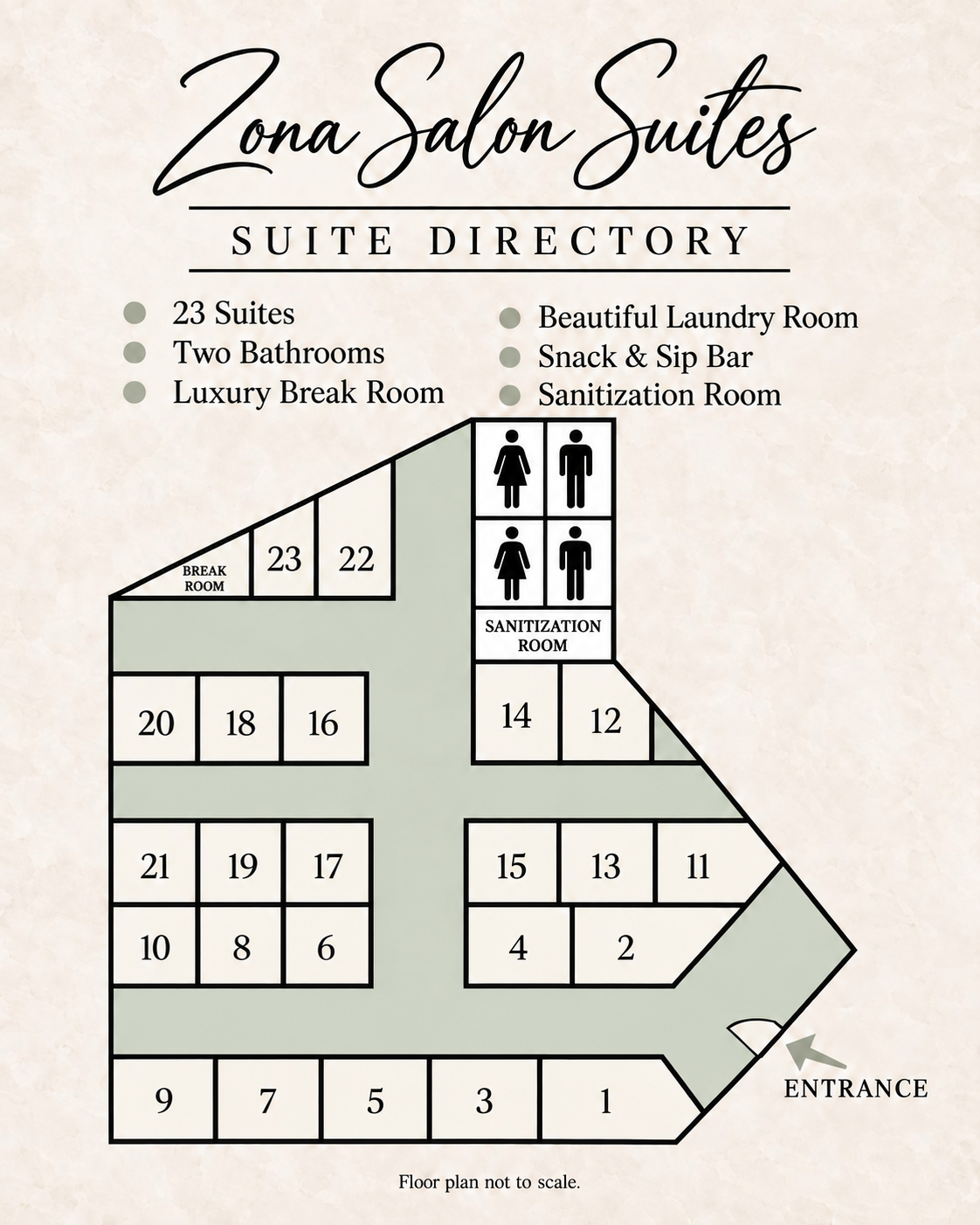 Zona Salon Suites directory showing 23 numbered suites, a break room, sanitization room, and entrance